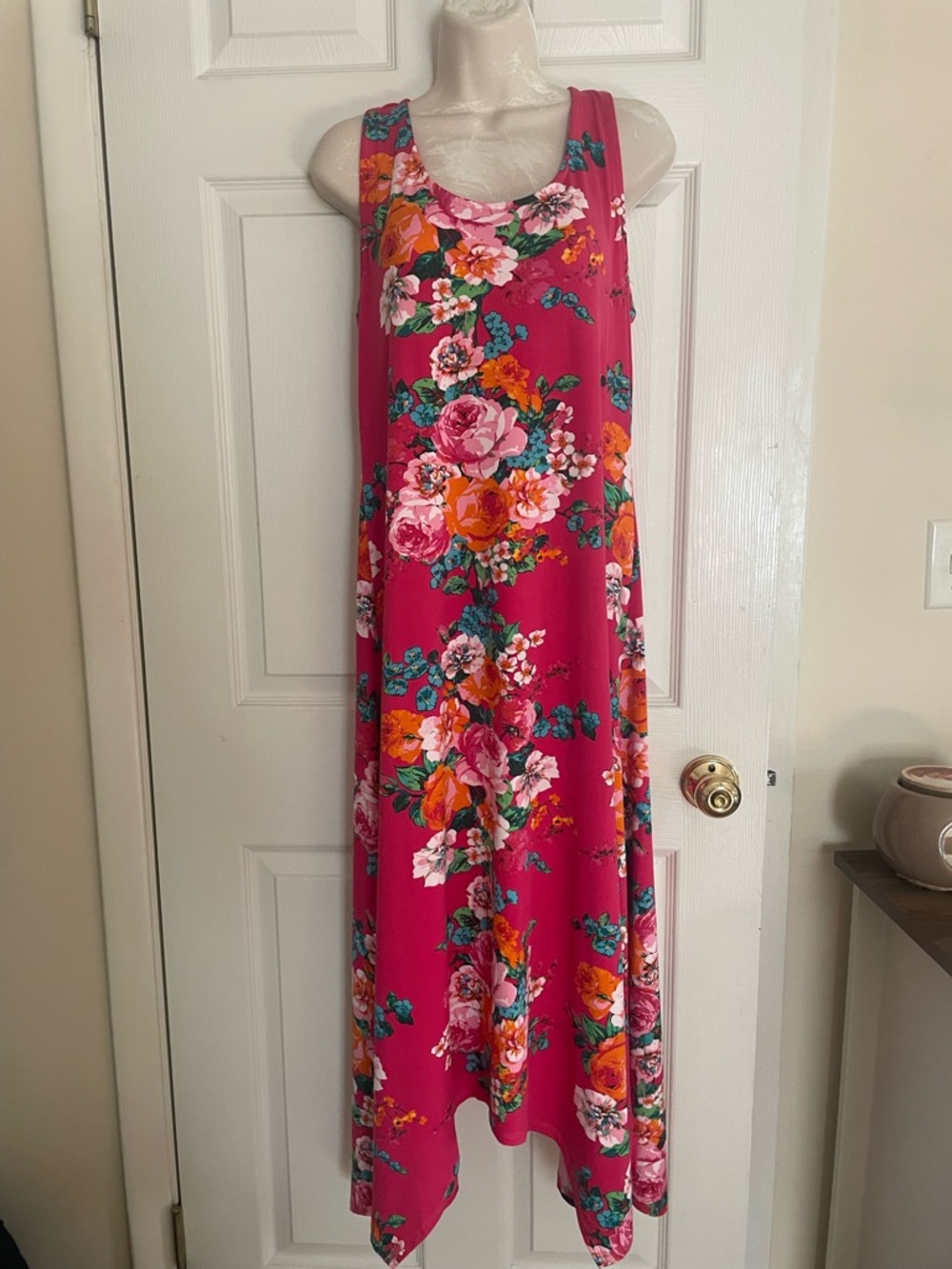 Nina Leonard Hot Pink Floral Maxi Dress with Teal Accents